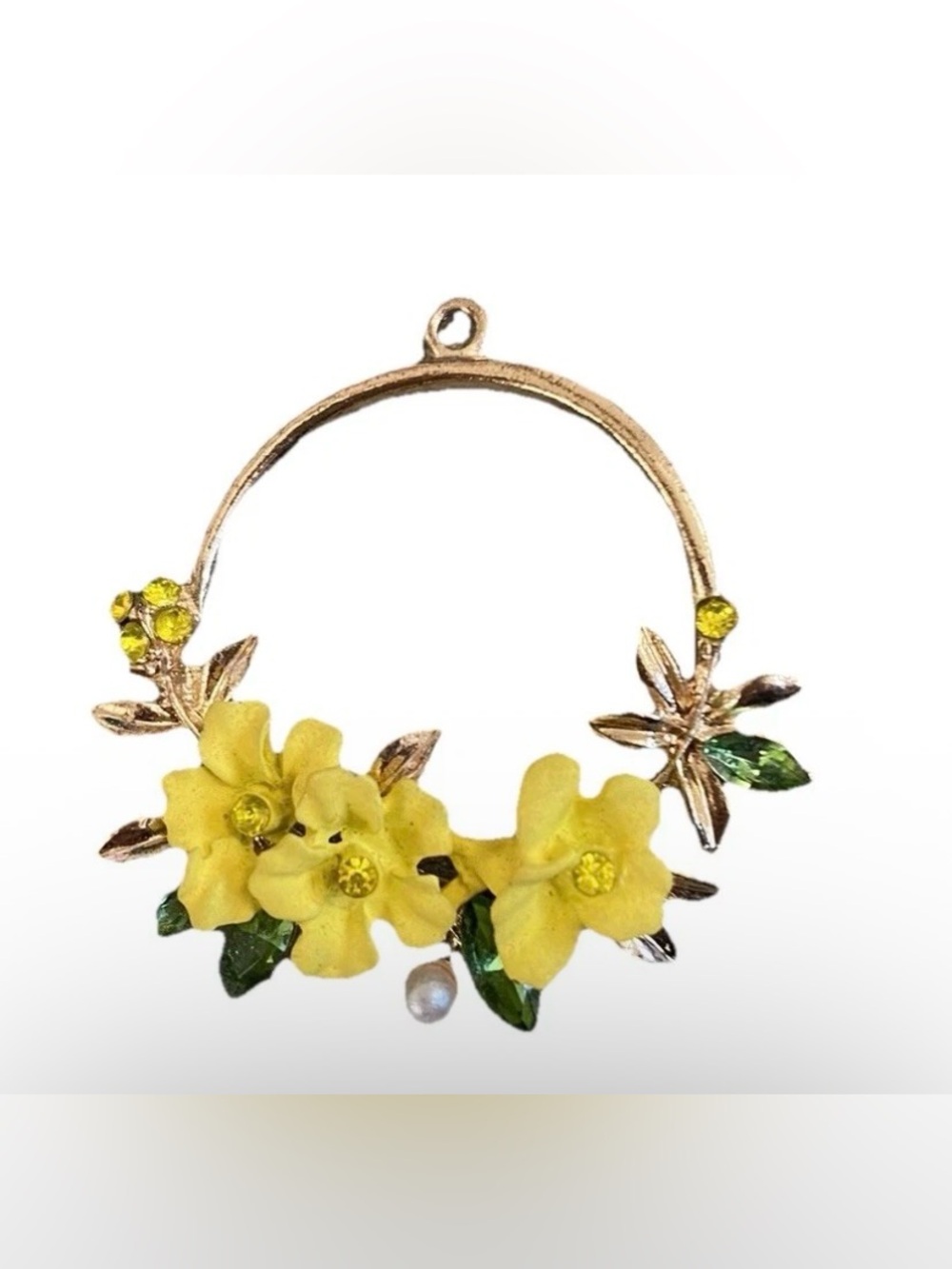 Vintage Necklace Pendant Floral Yellow Green Rhinestone 1960s 60s